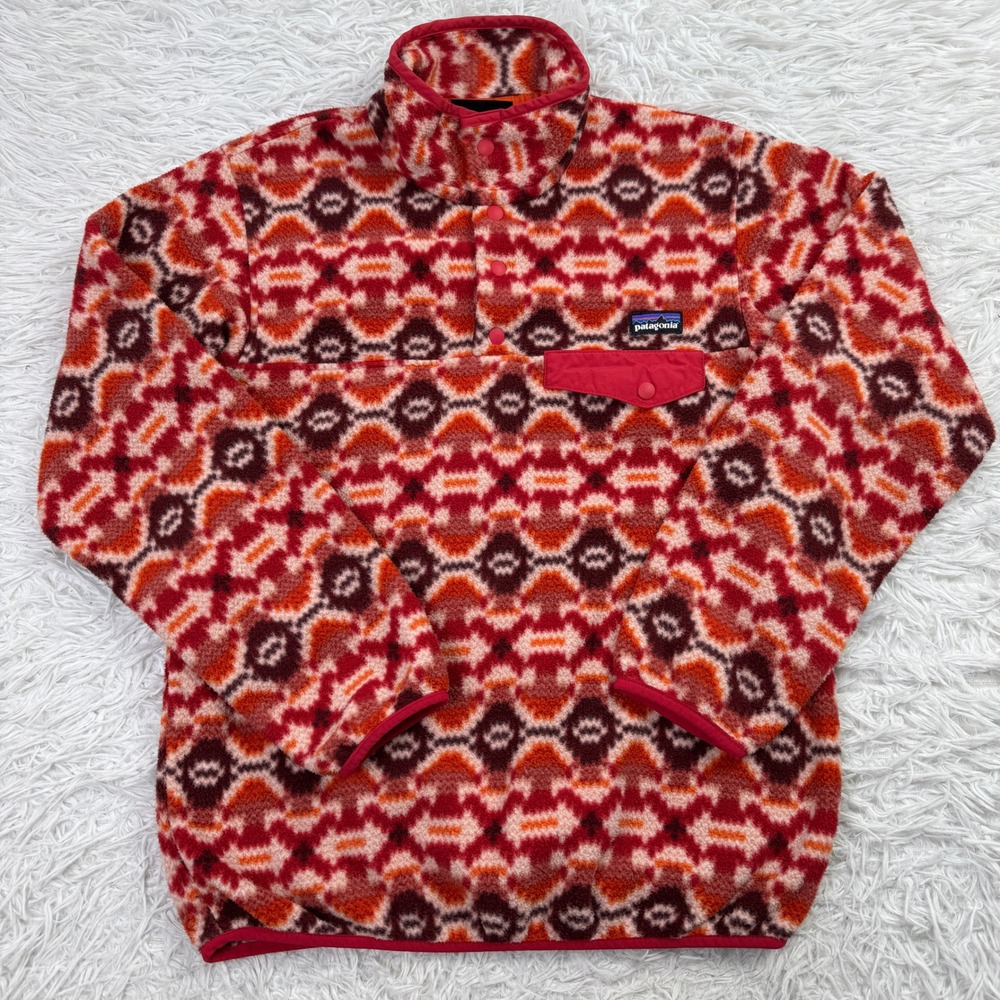 Patagonia Jacket Womens Extra Small Aberdeen Red Aztec Synchilla Snap T Fleece